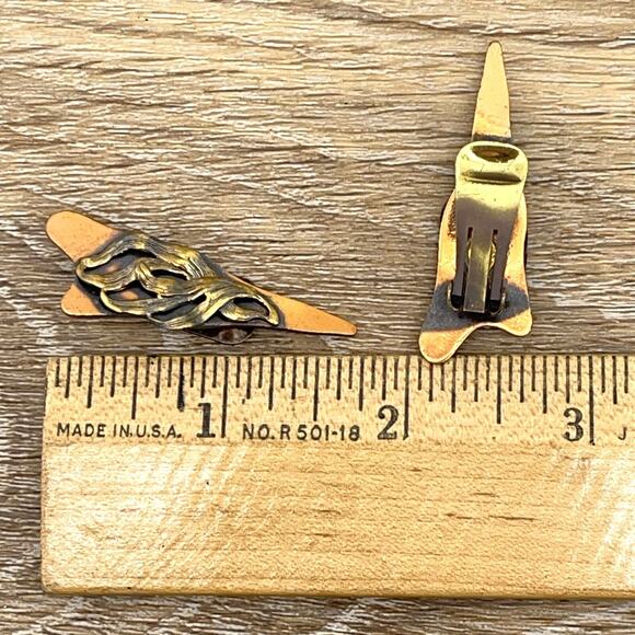 Hand-Carved Cut Copper w/ Melted Gold Tone Design Metal Clip-On Unique Earrings - Picture 4 of 4